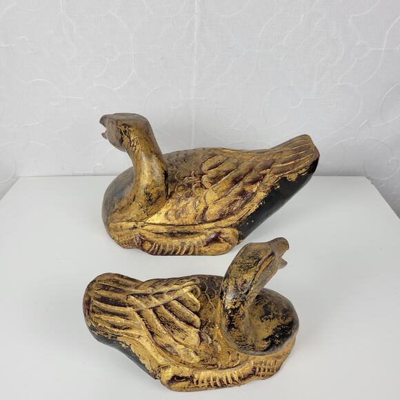 Vintage Carved Italian Wood Ducks Gold Brown 12" 8" Statues‎ 1960s Gilded Large - Picture 9 of 16